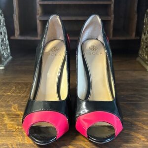 Isola Black and Hot Pink Peep-Toe Pumps